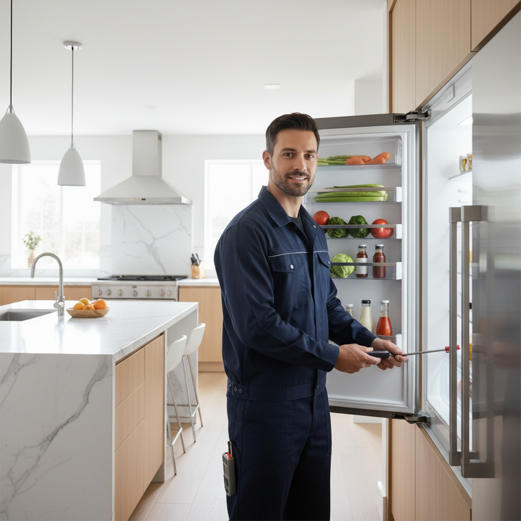 Professional appliance repair technician inspecting a built-in refrigerator