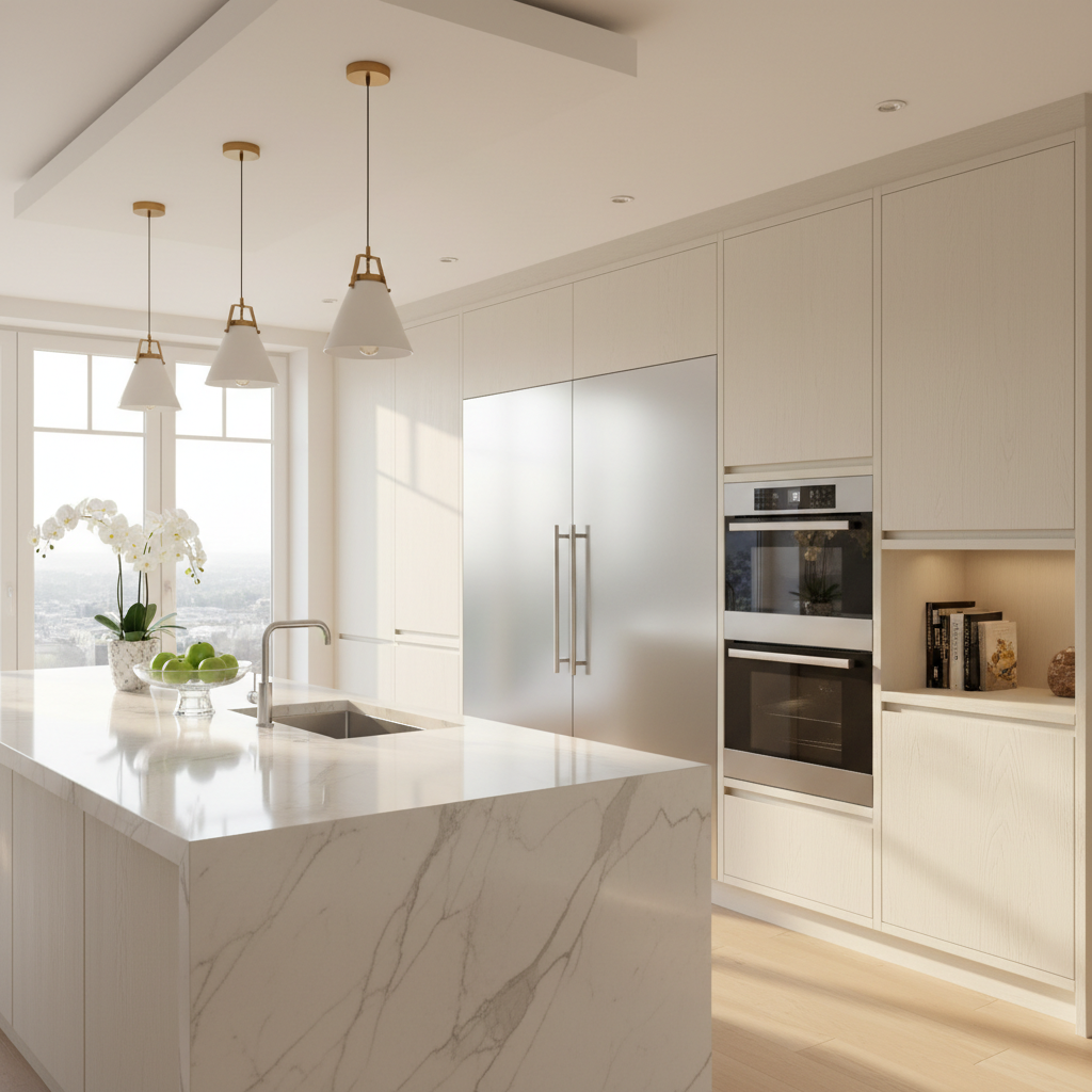 Bright upscale kitchen with integrated premium appliances